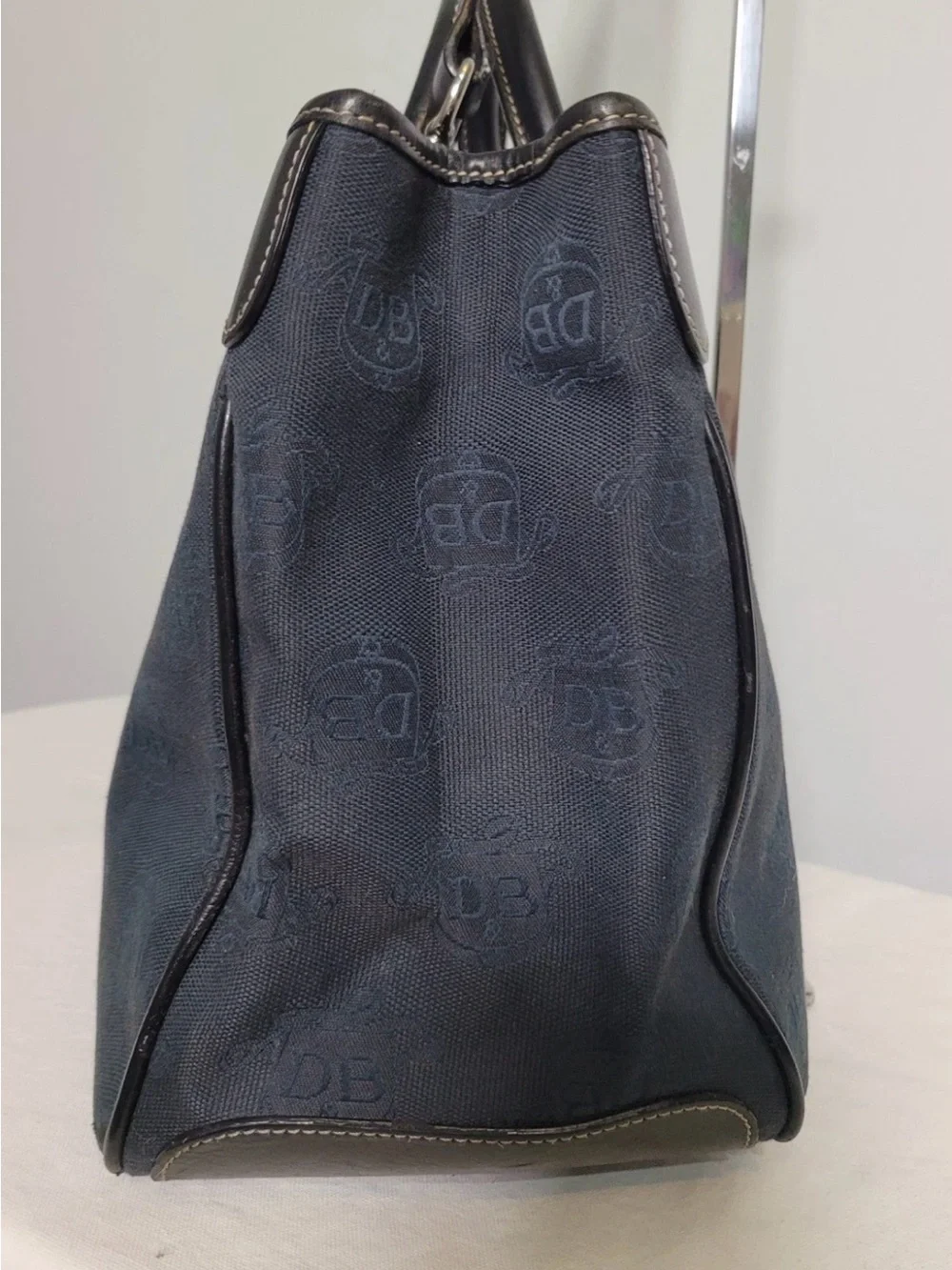 Dooney & Bourke Monogram Tote Crossbody Bag Navy Canvas Black Leather Trim